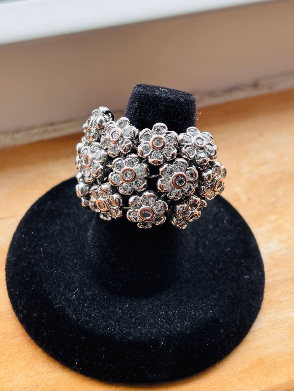 Floral Crystal Cluster Statement Ring Silver Tone Size 5.5